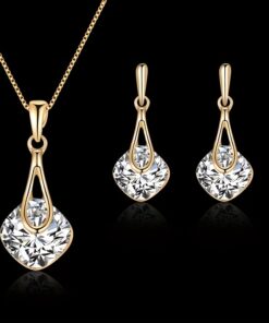 Elegant Women'S Jewelry Set - Chic Square Pendant Necklace & Teardrop Earrings, Golden-Tone with Sparkling Artificial Crystal - Ideal for Parties, Weddings, Birthdays, and Special Occasions, Wedding Jewelry|Geometric Pendant Design|Zinc Alloy, Necklace Earrings Set