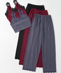 3 Sets Lace Trim Lounge Set, V Neck Cami Top & Elastic Waistband Pants, Women'S Loungewear & Sleepwear, Home Comfort Wear, Bedtime Outfit, Casual Loungewear, Elegant Sleepwear, Breathable Material, Lightweight Loungewear, Lounge Set, Sleepwear Set, Adult Loungewear, Women'S Comfort Wear, Soft, Comfortable, and Stylish Summer Sleepwear, All-Season Comfort, Perfect for Home or Casual Wear, Pajama Set Women, Women Pajama Set, Pijama De Mujer