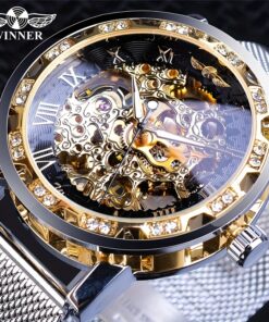 Men's Fashion Casual Classic Popular Rhinestone Hollow Mesh Strap Manual Mechanical Watch