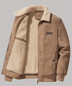 Men's Vintage Corduroy Fleece Jacket, Classic Zip-Up Winter Coat With Pockets, Machine Washable
