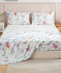 4pcs Flower Printed Fitted Sheet Set, Bedding Set For Bedroom Guest Room Hotel ( 1*Flat Sheet + 1*Fitted Sheet + 2*pillowcase, Without Core)