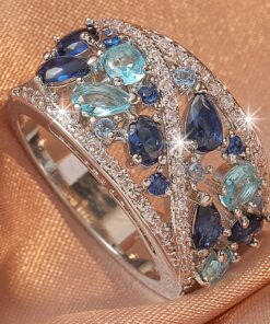 Women's Bohemian Multicolor Blue Green Turquoise Sapphire-Effect Glass/Synthetic Synthetic Zirconia Ring - Large Statement Piece with Marquise & -Cut Center, Elegant Everyday & Valentine's Gift, Dainty or Statement Jewelry for Women, Year-Round Wear, Comfortable Fit, Affordable Luxury (Turquoise, Sapphire,, -Alternative), Fine Jewelry for Women