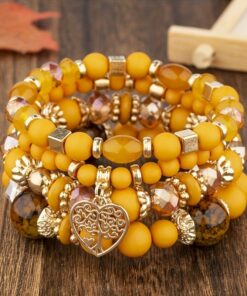 Elegant Middle Eastern-Inspired Beaded Stretch Bracelet for Women - Warm Autumn Colors with Heart Charm, Perfect for Parties, Weddings, and Casual Outings, Bracelets for Couples