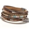 Boho-Chic Handwoven Multi-Layer PU Leather Bracelet with Magnetic Alloy Clasp - Women’s Fashion Accessory in Brown, Beige & Blue Stripes for Casual Attire, Vintage PU Leather Bracelet
