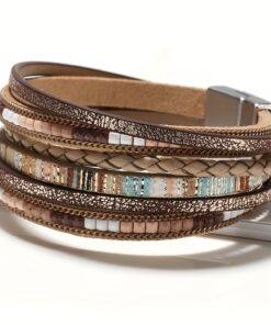 Boho-Chic Handwoven Multi-Layer PU Leather Bracelet with Magnetic Alloy Clasp - Women’s Fashion Accessory in Brown, Beige & Blue Stripes for Casual Attire, Vintage PU Leather Bracelet