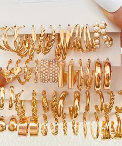 24pcs Women's Elegant KC Golden Plated Hoop & Dainty Earrings Set - Interlocking Loop Hoops, Twisted Hoops, Drop, Studs, Hoops with Beads & -Accented Dainty Earrings in Clear, Black, Brown, Rose Golden - Everyday & Formal Jewelry Collection, Versatile for Layering, Year-Round Wear, Luxurious Gift Set