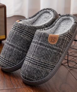 Men'S & Women'S Vintage Plaid Fleece Slippers, Soft Warm Indoor Floor Moccasins, Minimalist Solid Color with Alphabet Pattern, Round Toe Slip-On Shoes for Fall, Spring, Winter - IT-2654