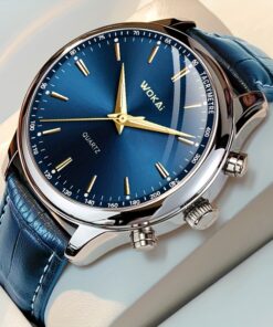 Elegant Men's Quartz Watch, Blue Dial, Round Plastic Case, Faux Leather Band, Non-Waterproof, Electronic Drive, Pointer Display