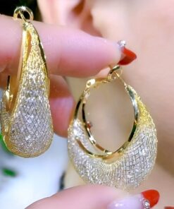 Elegant Golden-Tone Mesh Hoop Earrings with Sparkling Textured Design - Luxurious Alloy & Copper, Ideal for Daily Wear or Gifting, Perfect Valentine's Day Present for Women, Novelty Earrings
