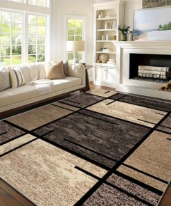 Luxury Velvet Area Mat - Premium Machine Washable, Fade-Resistant Polyester Mat for Living Room, Bedroom, Office, And Outdoor Decor - Rectangle, Lightweight, And Easy to Clean - 850 GSM, Beige And Brown Geometric Pattern, Comfortable Bedroom Mat