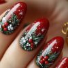 48pcs Christmas Sparkling Red & Green Short Oval Press-On Nails | Glossy Artificial Nails with Holly Berry & Snowflake Patterns, Golden Glitter Tips for Holiday Parties, New Year'S Eve
