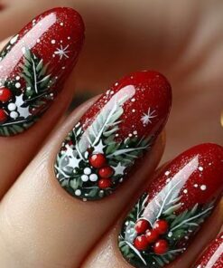 48pcs Christmas Sparkling Red & Green Short Oval Press-On Nails | Glossy Artificial Nails with Holly Berry & Snowflake Patterns, Golden Glitter Tips for Holiday Parties, New Year'S Eve