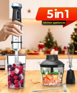 Immersion Blender 5in 1 Hand Blender Max 1000W Heavy Duty Motor, 16 Speed Mode Handheld Blender Stainless Steel Blade with 27.05oz Mixing Beaker, 20.29oz Chopper, Whisk And Milk Frother, Christmas Gifts