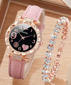 2pcs Women' Rhinestone Accent & Heart Bracelet - Sparkling PU Leather Strap Quartz Wristwatch Suitable for Parties Weddings Daily Wear - Elegant Wrist Accessory Gift for Women