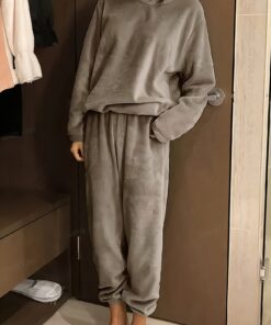 Women's 2pcs Vintage Matching Sweatsuit Set - Heather Gray Crewneck Sweatshirt & Cuffed Pants, Cozy Fall/Winter Loungewear, Solid Color Retro Outfit for Home Relaxation & Light Outings, Non-Stretch Matching