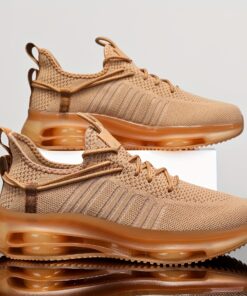 Men's Lightweight Breathable Mesh Sneakers - Beige/ Low-Top Lace-Up Running Shoes with Non-Slip Sole, Cushioned Tread Traction for Hiking, Gym, Jogging & Fitness - All-Season Training Footwear