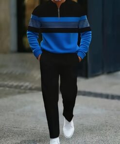 (2pcs) Color-block Striped Half Zipper Top with Black Casual Pants Set, Fresh Green Matched with Stable Black, Striped Elements Add A Sense Of Fashion, Half Zipper Design Is Casual And Easy to Match., Spring Fashion, Casual Wear, Trendy Fashion, Modern Casual, Breathable Material, Durable Construction, Matching Set, Twopiece Set, Young Adults, Fashion Enthusiasts, Men Tracksuit Set, T Shirt For Men, Track Suit For Men Set, All White Outfit For Men, Sport Wear Men, Men' Sweat Suit Set