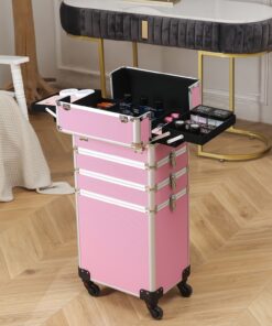 4 In 1 Aluminum Cosmetic Professional Makeup Case Tattoo Box, Extra Large Cosmetic Case Rolling Makeup Case Trolley Makeup Travel Organizer With 360° Swivel Wheels Pink Black
