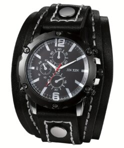 Men's Gothic Punk Style Analog Watch with Genuine Leather Strap - Wide Cuff Quartz Wristwatch Suitable for Halloween, Christmas, Valentine's Day & Casual Attire - Multi-Face Rocker Accessory