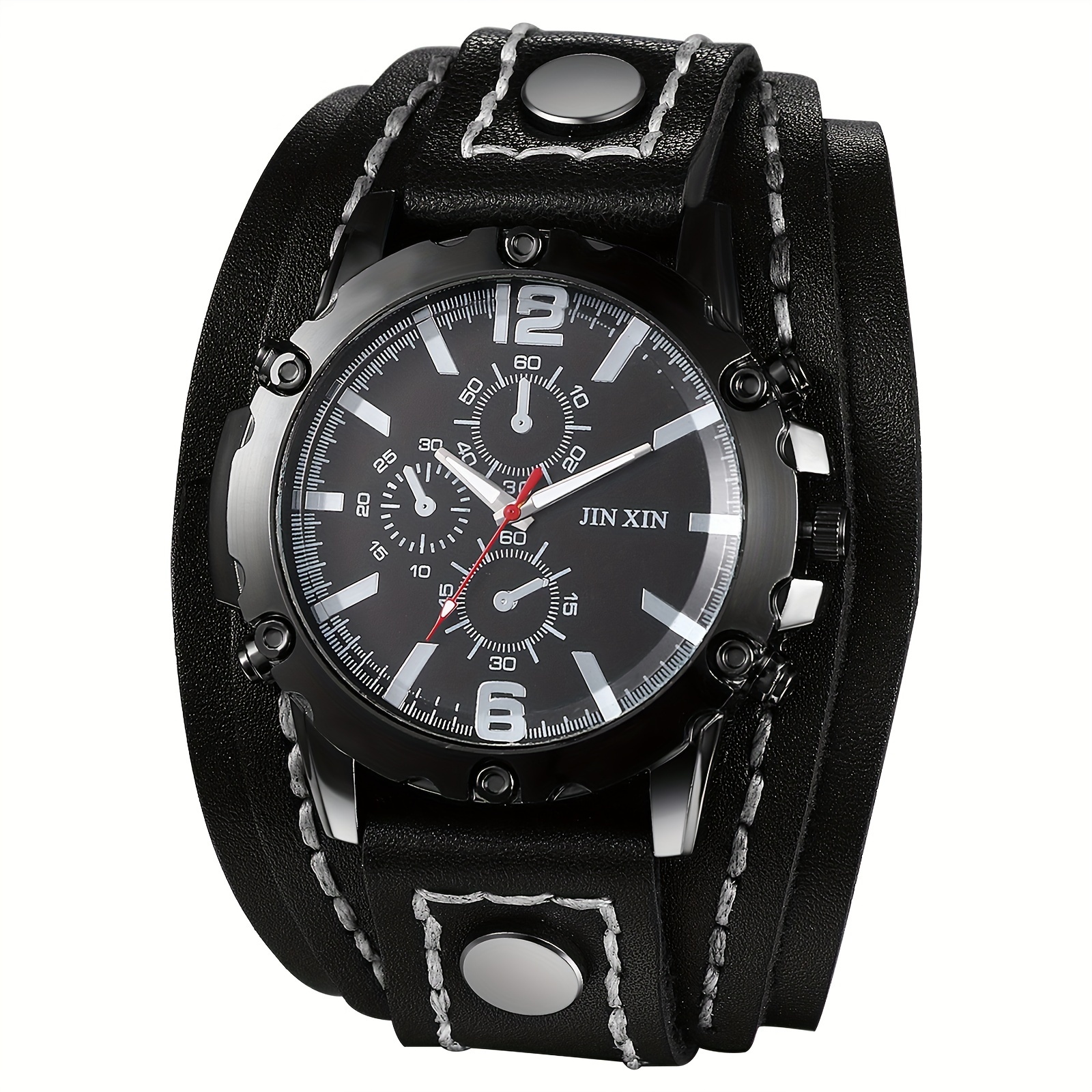 Men's Gothic Punk Style Analog Watch with Genuine Leather Strap - Wide Cuff Quartz Wristwatch Suitable for Halloween, Christmas, Valentine's Day & Casual Attire - Multi-Face Rocker Accessory