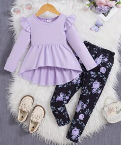 2pcs Young Girl's Autumn And Winter Clothes Purple Long Sleeve Doll Collar Blouse with Purple Floral All Over Print Long Pants Top, Perfect for Outdoor, Outdoor Play Clothes, Cute Doll Collar, Floral Print Top, Machine Washable Top, Soft Fabric Blouse, Twopiece Outfit