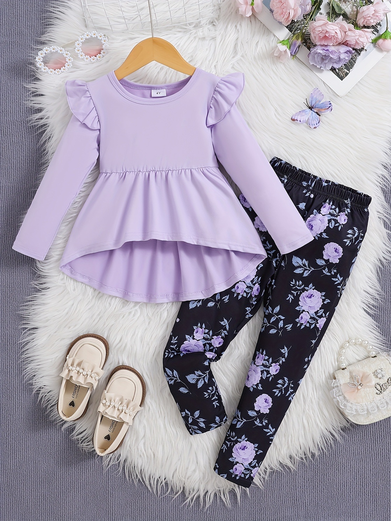 2pcs Young Girl's Autumn And Winter Clothes Purple Long Sleeve Doll Collar Blouse with Purple Floral All Over Print Long Pants Top, Perfect for Outdoor, Outdoor Play Clothes, Cute Doll Collar, Floral Print Top, Machine Washable Top, Soft Fabric Blouse, Twopiece Outfit