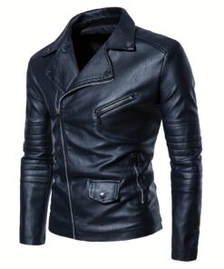 Men's Vintage PU Leather Workwear Biker Jacket - Windproof Motorcycle Riding Coat with Heavy-Duty Reinforced Back & Cuffs, Multi-Pocket Slim Fit Zipper Jacket, Collar (Solid Color) for Casual Outerwear - Machine Washable PU Shell