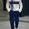2025 Fall New Minimalist Blue & Black Stripe Pattern Men's Casual Sportswear Set, Fashionable Half-Zip Pullover Long Sleeve T-Shirt + Comfortable Athletic Pants for Daily Wear, Sports, and Walking