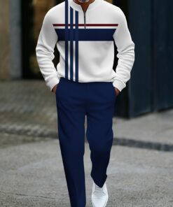 2025 Fall New Minimalist Blue & Black Stripe Pattern Men's Casual Sportswear Set, Fashionable Half-Zip Pullover Long Sleeve T-Shirt + Comfortable Athletic Pants for Daily Wear, Sports, and Walking