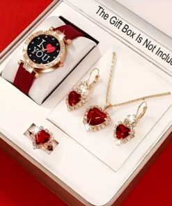 5pcs Elegant Women's Watch & Jewelry Set, Red PU Leather Strap Quartz Watch with Red Heart Rhiestone Necklace, Earrings & Ring - Elegant Gift for Birthdays,, Valentine's Day (Boxes Not Included)