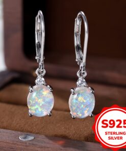 Pair of S925 Sterling Silver Dangle Earrings with Round-Cut Green Fire Opal - Vintage Boho Style, Rhodium Plated, 2.2g, Perfect for Daily Wear & Parties, Party Jewelry|Vintage Boho Style|Rhodium Plated Earrings