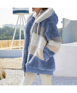 Popular Europe, America 2025 Autumn and Winter Warm Plush Patchwork Zipper Pocket Hooded Loose Coat for Women | Casual Style, Solid Color, Slight Stretch Fabric