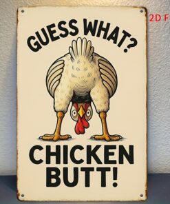2D Flat, 1pc Funny Farmhouse Chicken Wall Decor - Retro Metal Sign with "Chicken Butt" Text - Vintage Kitchen, Cafe, Garage Decoration - Easy Hang Pre-Drilled Holes - No Wiring Needed - Country Cooking Theme Decorations, Cafe Decorations, Playful Design, Flat Design, Restaurant Owners, 2D Flat