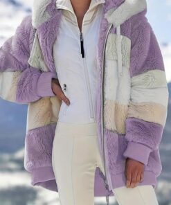 Women's Chic Purple & White Color Block Hooded Coat - Long Sleeve, Zip-Up Plush Jacket with Pockets, Casual Loose Fit for Fall/Winter Streetwear, Leisure Style, Leisure Outing Occasion, Autumn/Winter