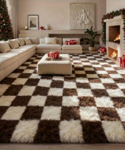Brown White Checkered Shaggy Rug, Multiple Sizes Available, Non-Slip Machine Washable Plush Carpet, Thick Soft Fluffy Area Rug for Living Room Bedroom, Christmas Gift, Christmas Home Decor