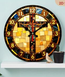 Christian Religious Wall Clock with Jesus Cross - Large Easy-to-Read Numerals, Golden Hands - Battery-Powered Silent Non-Ticking - for Home, Office, Church, Prayer Room Decor - 10x10 Inches - AA Batteries Not Included - Spiritual Gift Idea, Church Decoration, Stained Glass Design, Highquality Finish, Decorative Timepiece