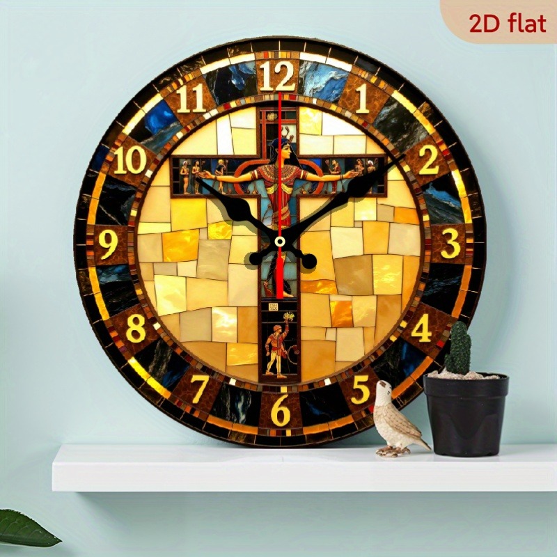 Christian Religious Wall Clock with Jesus Cross - Large Easy-to-Read Numerals, Golden Hands - Battery-Powered Silent Non-Ticking - for Home, Office, Church, Prayer Room Decor - 10x10 Inches - AA Batteries Not Included - Spiritual Gift Idea, Church Decoration, Stained Glass Design, Highquality Finish, Decorative Timepiece