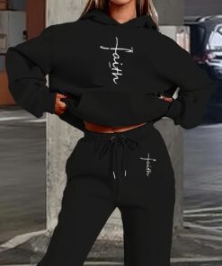 Two-Piece Women'S Casual Loungewear Set | "Faith" Printed Hoodie with Pockets and Matching Sweatpants, Fabric, Hooded Collar, Loose Fit, Fall/Winter Collection