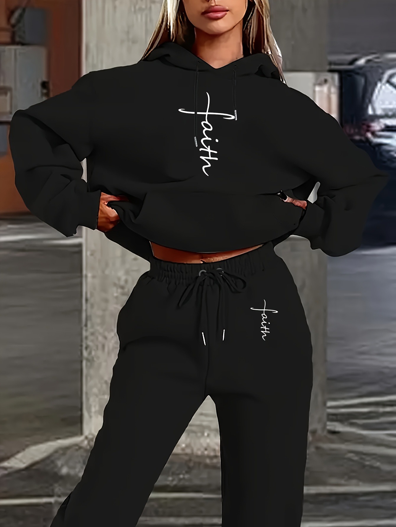 Two-Piece Women'S Casual Loungewear Set | "Faith" Printed Hoodie with Pockets and Matching Sweatpants, Fabric, Hooded Collar, Loose Fit, Fall/Winter Collection