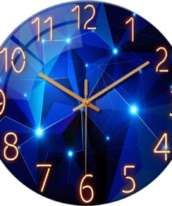 Modern Blue Wall Clock - Large Round Glass Face Silent Non-Ticking Battery- Plastic Frame, & for Living Room, Kitchen Decor - Easy-to-Read Hands, & Pet 12 Inch Clock