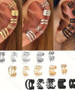 15pcs IF YOU Layered leaf Clip-On Earrings Set - Vegetation Face, Metal Layered Ear Cuffs for Daily Wear, Parties, Ramadan Gifts, Year-Round Elegant (No Plating Required)