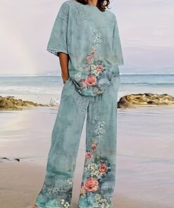 Women'S Casual Floral Print Pajama Set - Light Blue Polyester Crew Neck Top with Pink Roses Design, White Pants, All-Season Comfort, Casual Attire|Floral Print Pajama Set|Polyester Fabri