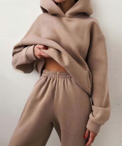 Solid Color Casual and Fashionable Long Pants Plus Thickened Sporty Hooded Sweatshirt Set for Women | Hooded Collar, Slight Stretch Fabric, Ideal for Fall/Winter, Brand: LRIKNUWSTLE