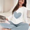 Autumn and Winter Women'S Pajama Set with Heart Pattern - Fleece-Lined Round Neck Long Sleeve Pants, Comfortable, Cute, Sweet & Elegant Loungewear