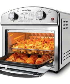 13 Quart 4 Slice Air Fryer Convection Toaster Oven Featuring a Reference Menu, 1500W Power, And 7 Multifunction Options Including Roast, Bake, Grill, Broil, Toast, Dehydrate, And Defrost, in a Silver And White Design.