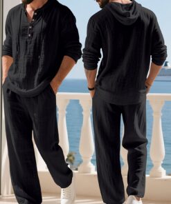 Men's American Autumn Casual Linen Hoodie and Solid Color Linen Pants Set