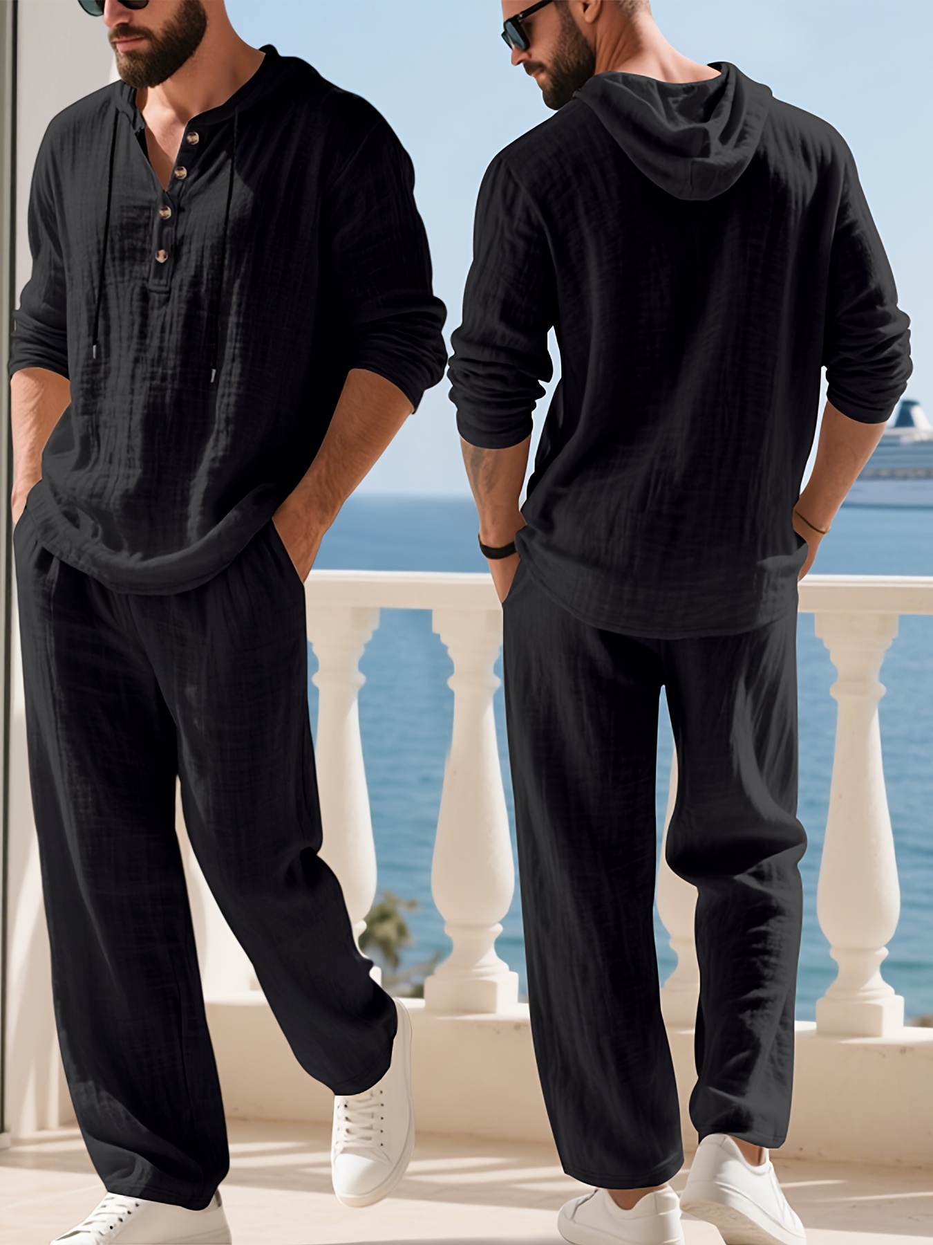 Men's American Autumn Casual Linen Hoodie and Solid Color Linen Pants Set