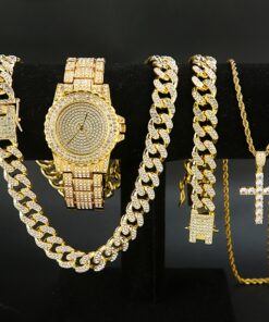 Set of 4pcs, Including a Men'S Watch, a Cuban Necklace And Bracelet, And a Cross Necklace for Men.