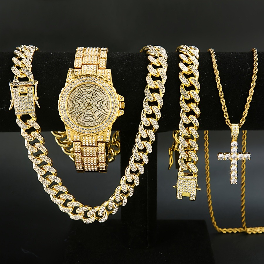 Set of 4pcs, Including a Men'S Watch, a Cuban Necklace And Bracelet, And a Cross Necklace for Men.