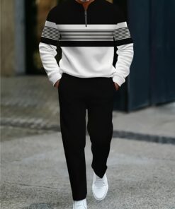 European And American Men's Black And White Striped Sports Suit | Half Neck Sweatshirt | High Quality Polyester Fabric, Wrinkle Resistant And Easy to Maintain | Retro Fashion Classic Street Style